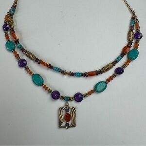 Boho Turquoise Dyed Howlite & Amethyst Style Double Strand Necklace
